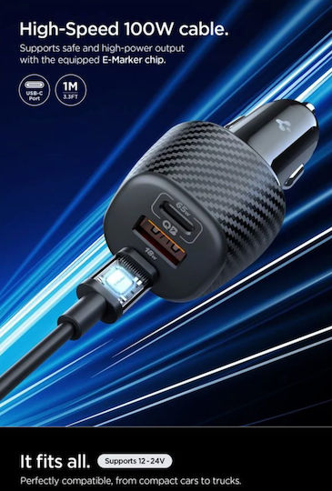 Spigen Φορτιστής Αυτοκινήτου 113W 3.25A με Θύρες: 1xUSB 2xType-C μαζί με Καλώδιο Type-C Μαύρο Χρώμα