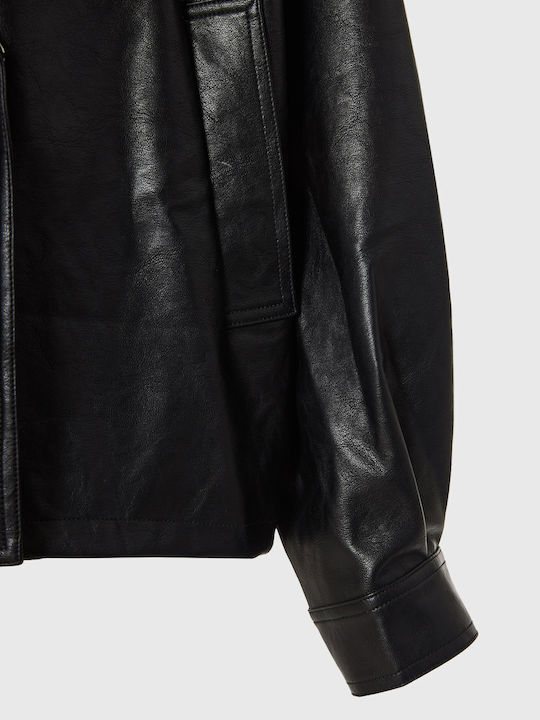 Women's Short Lifestyle Artificial Leather Jacket for Winter Black