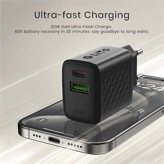 Lito Ladegerät ohne Kabel GaN mit USB-A Anschluss und USB-C Anschluss 20W Schwarzs (LC15)