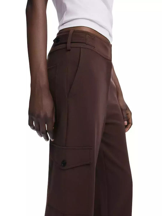 Women's High-waisted Fabric Trousers Regular Fit Brown