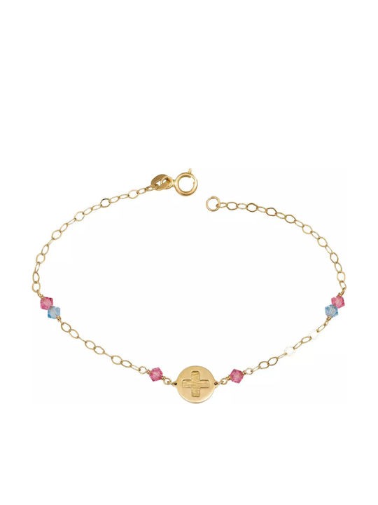 Kids Bracelet from Gold 14K with Baby Girl, Σταυρό, Crown & Stones