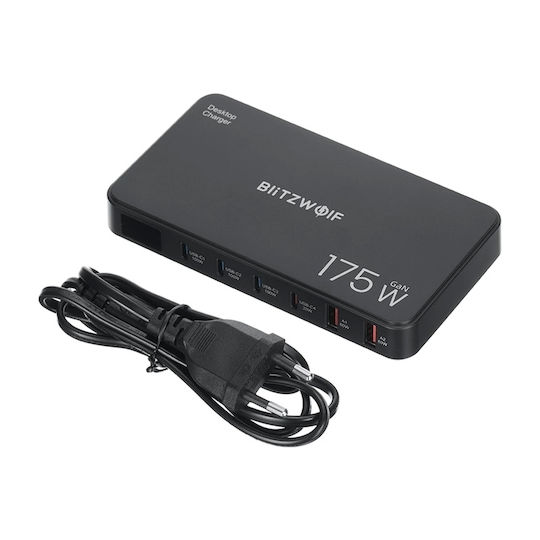 BlitzWolf Βάση Φόρτισης με 4 Θύρες USB-A και 2 Θύρες USB-C και Καλώδιο USB-C 175W Power Delivery σε Μαύρο χρώμα (BW-S30)