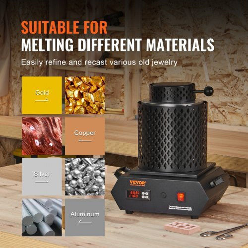 Vevor Gold Melting Furnace 1350w Maximum Temperature 1150°c Digital Electric Melting Furnace Ceramic Crucibles 1 Kg 3 Kg Crucible Tongs Gloves Gold Silver Aluminum Copper