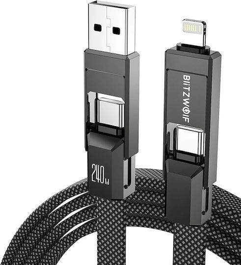 BlitzWolf Braided Cablu USB la Type-C / Lightning cu mai multe porturi 4A Negru 1.2m