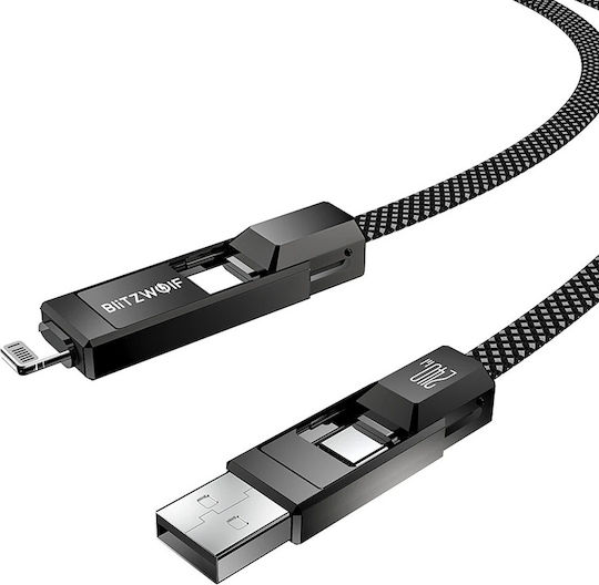 BlitzWolf Braided Cablu USB la Type-C / Lightning cu mai multe porturi 4A Negru 1.2m