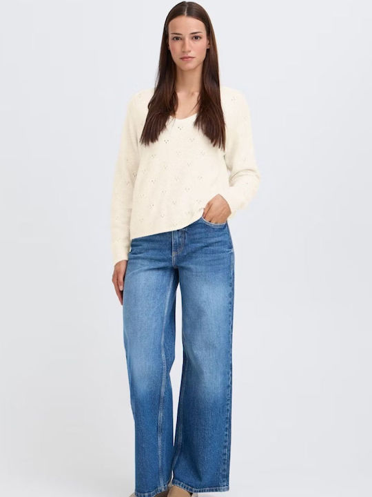 Women's Long Sleeve Sweater with V Neckline Ecru
