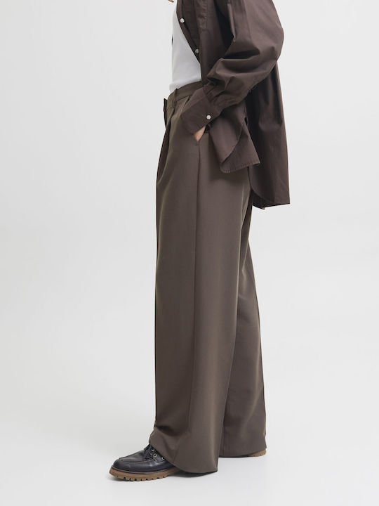 Women's High-waisted Fabric Trousers in Wide Line Brown
