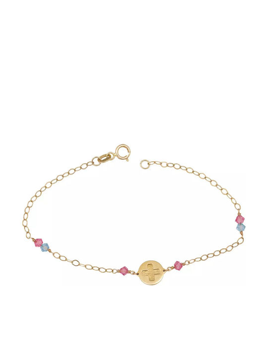 Kids Bracelet from Gold 9K with Σταυρό, Baby Girl & Stones