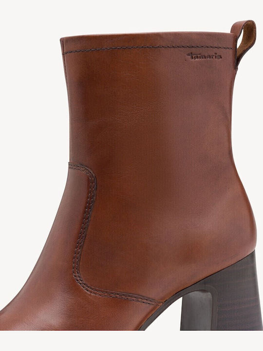 Leather Women's Ankle Boots with High Heel Tabac Brown