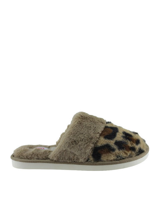 Winter Women's Slippers with Fur Leopard Brown