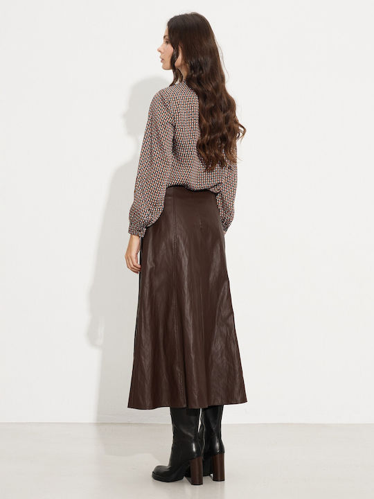 Leather High-waisted Midi Skirt Brown