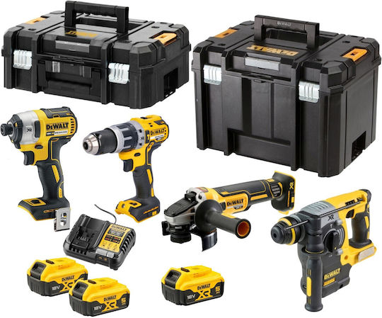 Dewalt Set Angle Wheel & Impact Drill Driver & Impact Driver & Hammer 18V with 3 Batteries 5Ah and Case