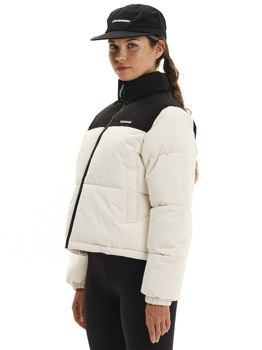 Γυναικείο Puffer Μπουφάν Αδιάβροχο για Χειμώνα Cream/black