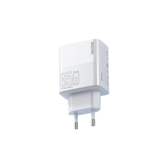 WK Charger Without Cable GaN with USB-A Port and 2 USB-C Ports 65W Power Delivery Whites (WP-U66)