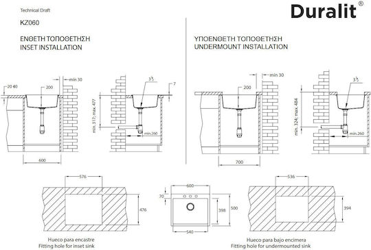 Duralit Drop-In Spüle aus Verbundgranulat B60xT50cm Gray
