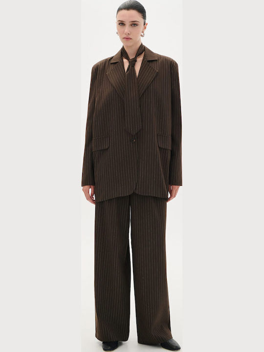 Damen Stoff Hose Gestreift Brown