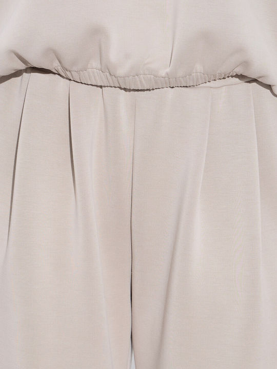Women's High-waisted Fabric Trousers with Elastic Beige
