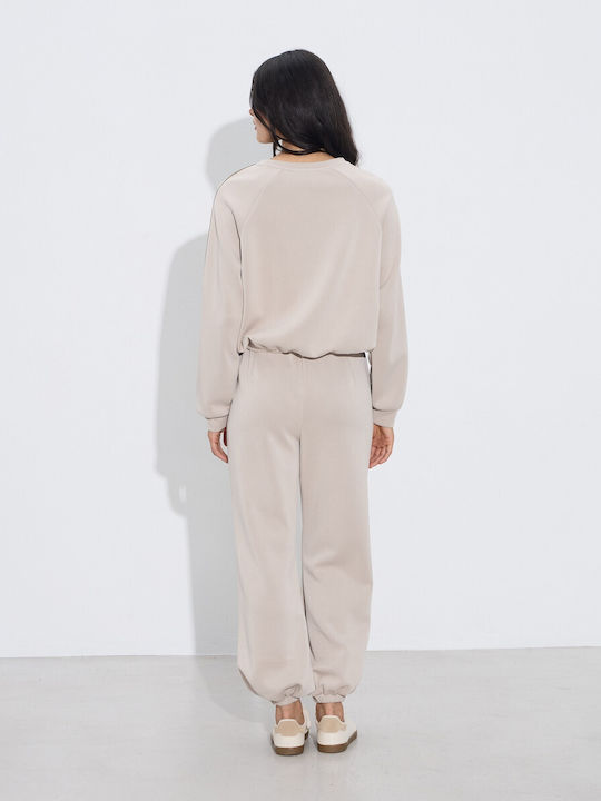Women's High-waisted Fabric Trousers with Elastic Beige