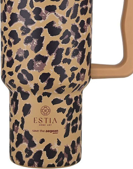 Estia Straw Tumbler XL Save the Aegean Recyclable Handled Tumbler Thermos Stainless Steel BPA Free 900ml Spotted Prowl with Straw and Handle