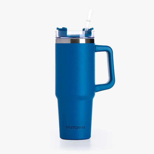 Muitomas Handled Tumbler Plastic Thermos Bottle 900ml Blue with Straw and Handle