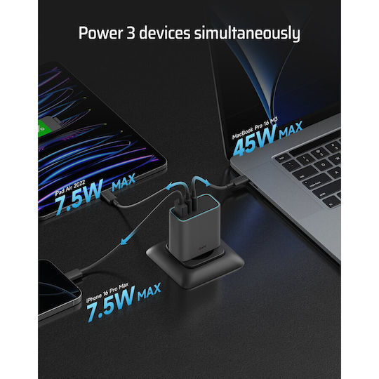 Cuktech Φορτιστής Χωρίς Καλώδιο GaN με Θύρα USB-A και 2 Θύρες USB-C 65W Μαύρος (2C1A)