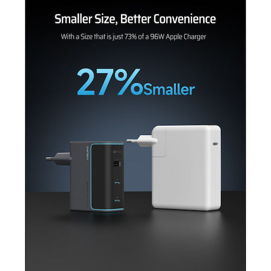 Cuktech Φορτιστής GaN με Θύρα USB-A και 2 Θύρες USB-C και Καλώδιο USB-C - USB-C 100W Power Delivery Γκρι (2C1A)