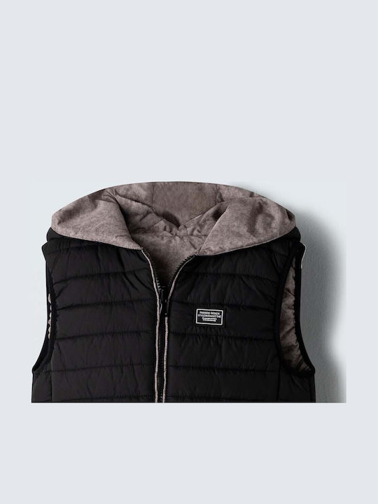 Kids' Quilted Jacket Sleeveless Double Sided with Hood Μαύρο Γκρί