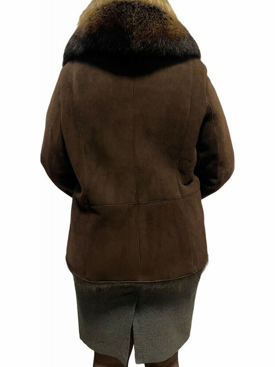 Mouton Damen Braun Kurzmantel mit Fellbesatz