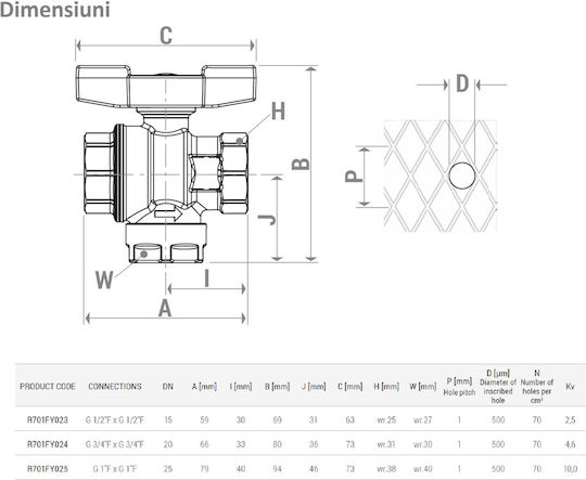 Valvă Giacomini R701fy023 cu filet femelă 1/2” X filet femelă 1/2” filtru integrat maner fluture din alamă roșu
