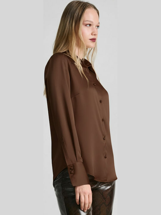 Women's Satin Long Sleeve Shirt Brown