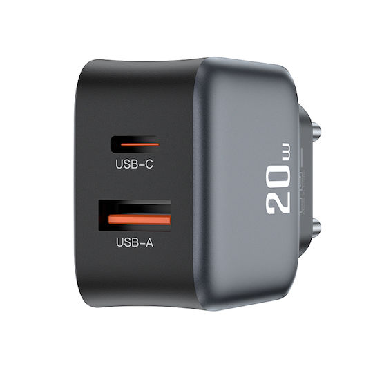 XO с USB-A порт и USB-C порт и кабел USB-C - USB-C 20W Quick Charge 2.0 / Quick Charge 3.0 Черен (L154)