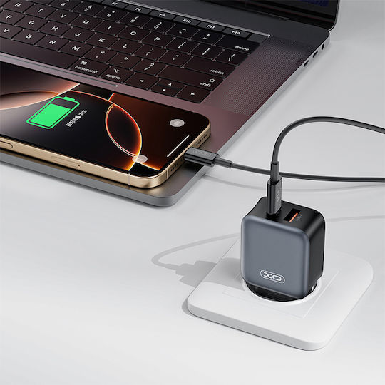 XO с USB-A порт и USB-C порт и кабел USB-C - USB-C 20W Quick Charge 2.0 / Quick Charge 3.0 Черен (L154)