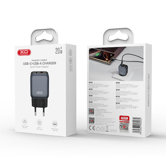 XO с USB-A порт и USB-C порт и кабел USB-C - Lightning 20W Quick Charge 2.0 / Quick Charge 3.0 Черен (L154)