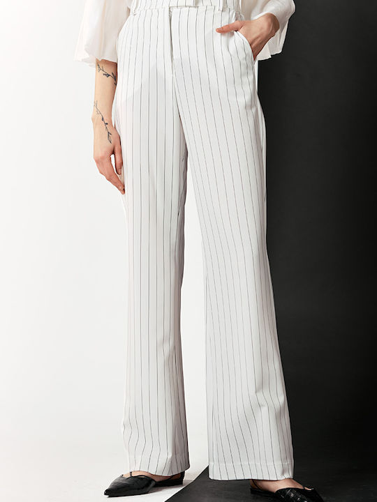 Women's High-waisted Fabric Trousers in Regular Fit Striped White