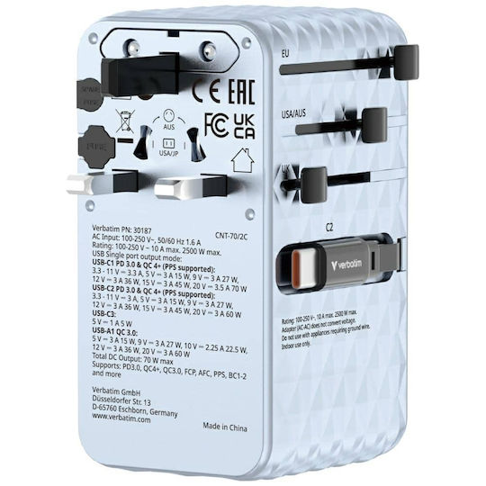 Verbatim Charger GaN with USB-A Port and USB-C Port and Cable USB-C 70W Power Delivery / Quick Charge 4+ Blue (Charge 'n' Travel)