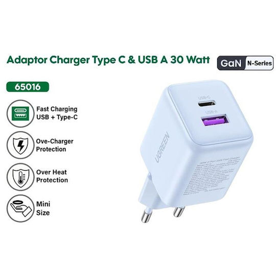 Ugreen Charger Without Cable GaN with USB-A Port and USB-C Port 30W Power Delivery Whites (X516)