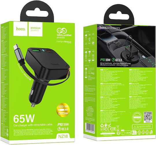 Hoco NZ18 Guardian Автомобилен Зарядно Устройство 65W 3A с Портове 1xUSB-A 1xType-C с Type-C Кабел Черен Цвят