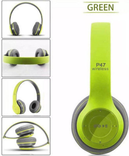P47 Wireless / Wired On Ear Headphones with Radio with 6 hours of Operation Green / Black