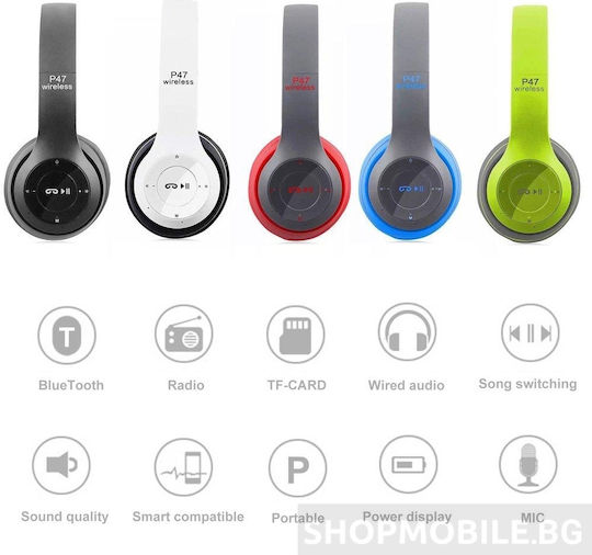 P47 Wireless / Wired On Ear Headphones with Radio with 6 hours of Operation Green / Black