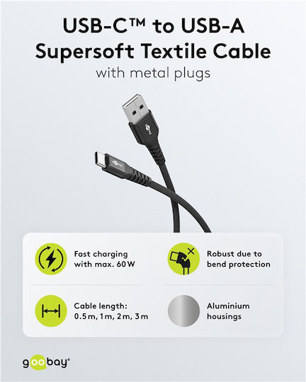 Goobay Geflochtenes USB 2.0 Kabel USB-C männlich - USB-C / USB-A 60W Schwarz 3m 74528