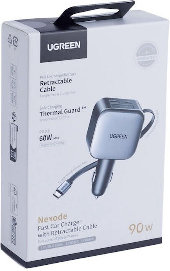 Ugreen Auto-Ladegerät 90W 3A Schnellladung mit Anschlüssen: 1xUSB 1xType-C mit Kabel Eingebettet Gray Farbe