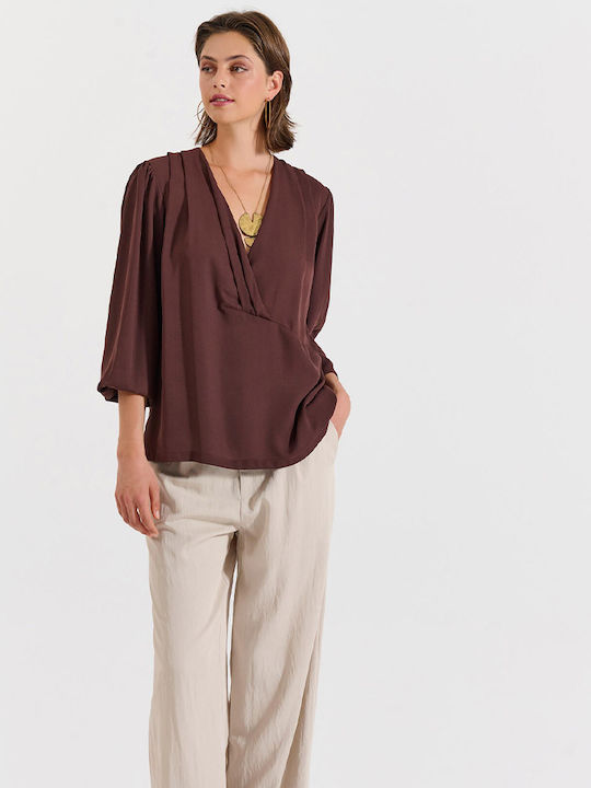 Women's Blouse Long Sleeve with V Neckline Brown