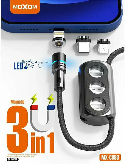 Moxom Магнитен USB към Lightning / Type-C / micro USB Кабел 3Спецификация Черен 1м (6438)