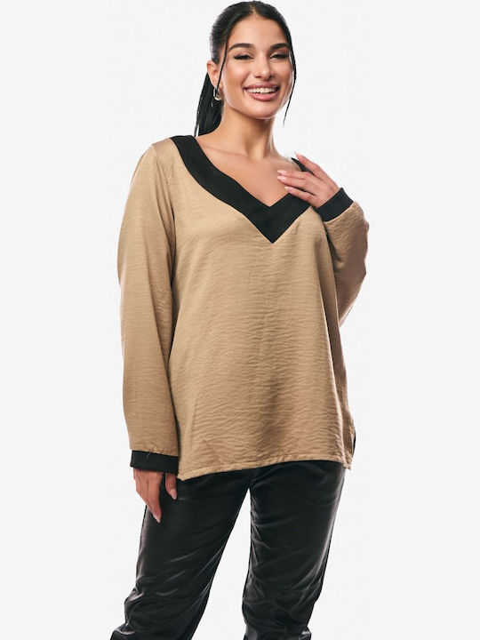 Women's Blouse Satin Long Sleeve with V Neckline Beige