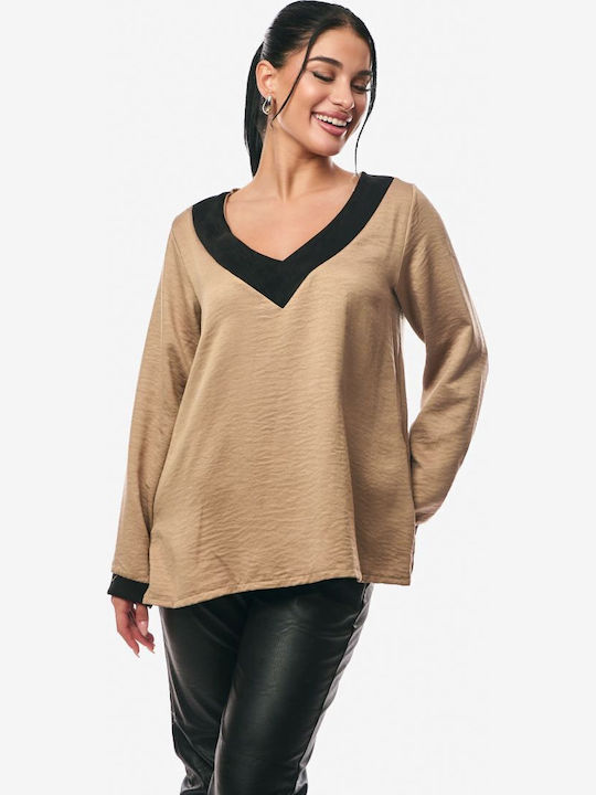 Women's Blouse Satin Long Sleeve with V Neckline Beige