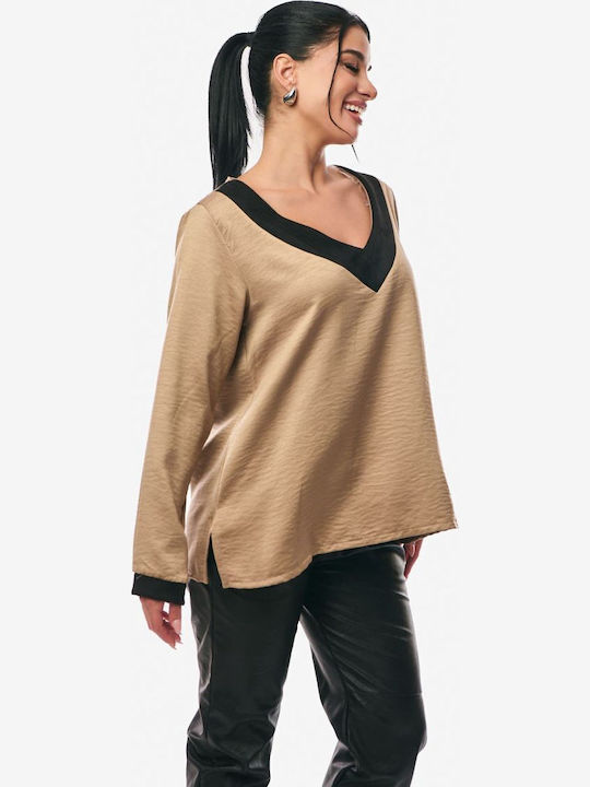 Women's Blouse Satin Long Sleeve with V Neckline Beige