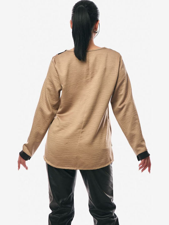 Women's Blouse Satin Long Sleeve with V Neckline Beige