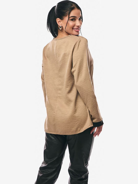 Women's Blouse Satin Long Sleeve with V Neckline Beige