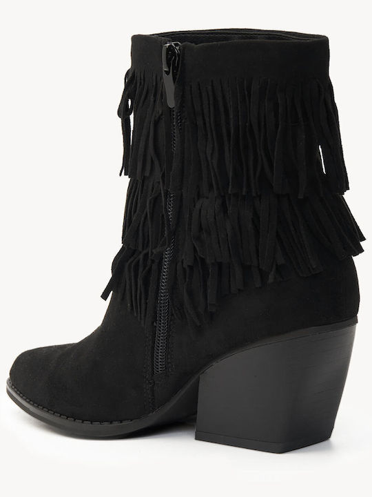 Black Western Ankle Boots Fringe Pointed Toe