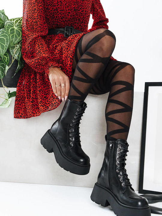 Black Combat Boots With Laces Thick Sole
